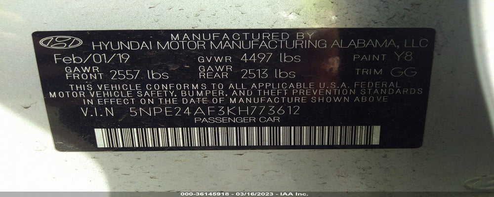 5NPE24AF3KH773612 2019 HYUNDAI SONATA photo no. 9