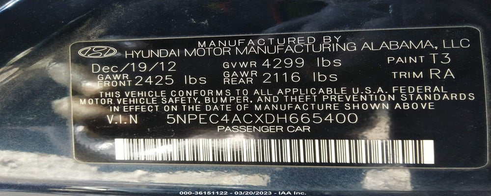 5NPEC4ACXDH665400 2013 HYUNDAI SONATA photo no. 9