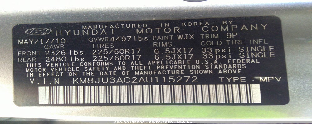 KM8JU3AC2AU115272 2010 HYUNDAI TUCSON photo no. 9