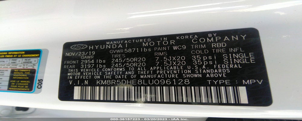 KM8R5DHE8LU096128 2020 HYUNDAI PALISADE photo no. 9