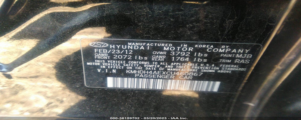 KMHDH4AEXCU460867 2012 HYUNDAI ELANTRA photo no. 9