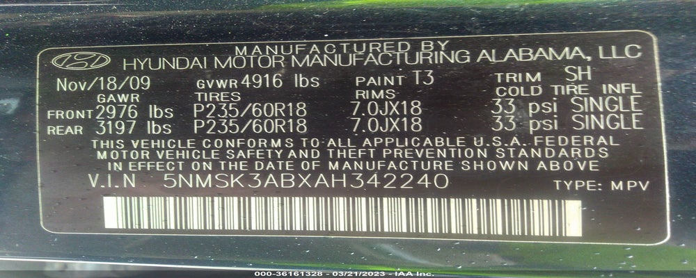 5NMSK3ABXAH342240 2010 HYUNDAI SANTA FE photo no. 9