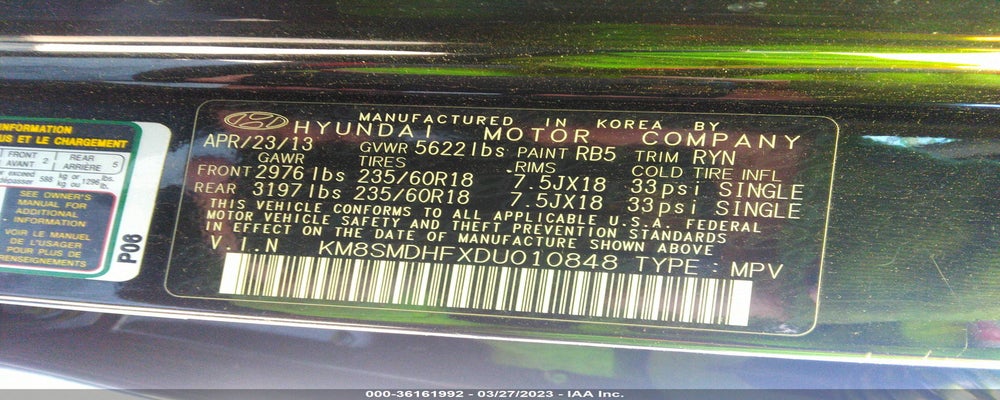 KM8SMDHFXDU010848 2013 HYUNDAI SANTA FE photo no. 9