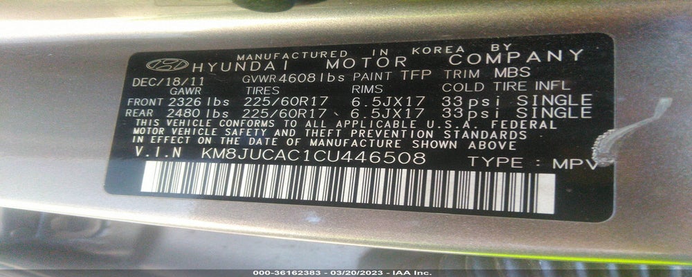 KM8JUCAC1CU446508 2012 HYUNDAI TUCSON photo no. 9