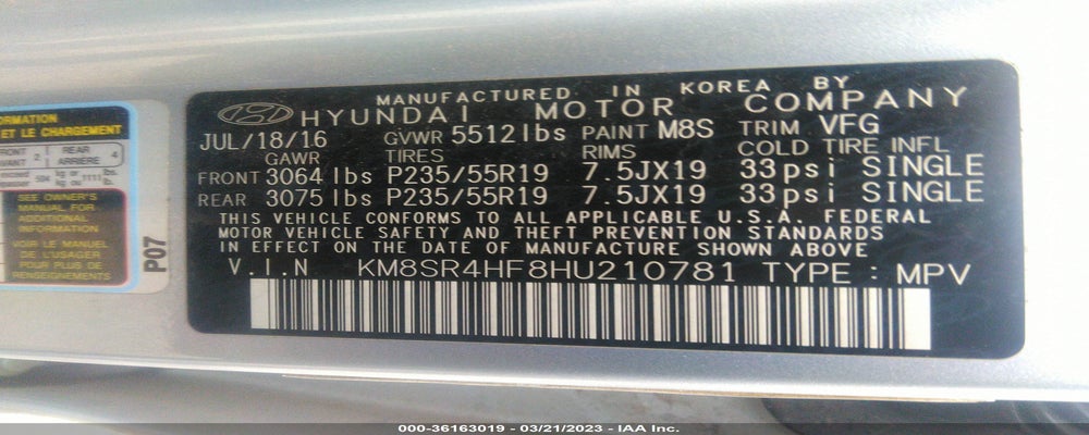 KM8SR4HF8HU210781 2017 HYUNDAI SANTA FE photo no. 9