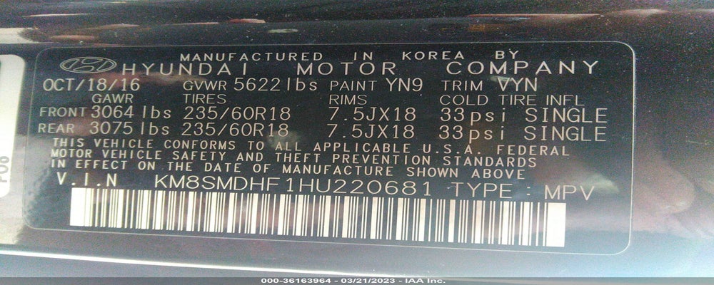 KM8SMDHF1HU220681 2017 HYUNDAI SANTA FE photo no. 9