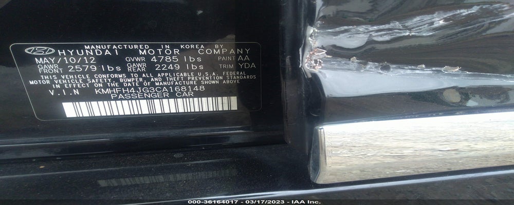 KMHFH4JG3CA168148 2012 HYUNDAI AZERA photo no. 9