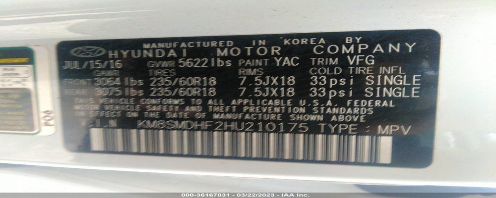 KM8SMDHF2HU210175 2017 HYUNDAI SANTA FE photo no. 9