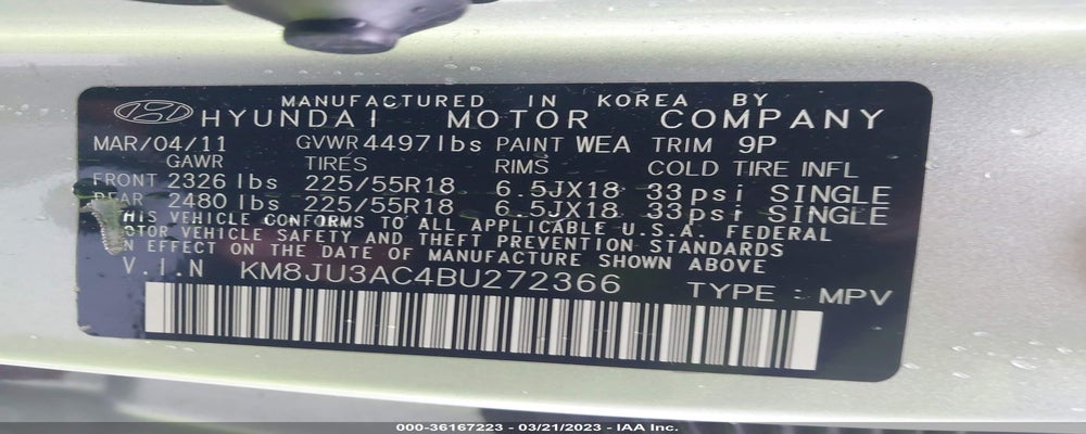 KM8JU3AC4BU272366 2011 HYUNDAI TUCSON photo no. 9