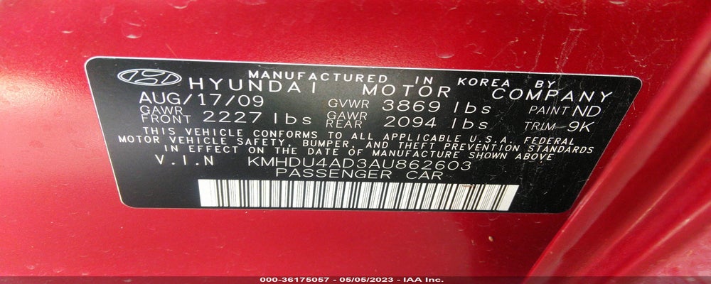 KMHDU4AD3AU862603 2010 HYUNDAI ELANTRA photo no. 9