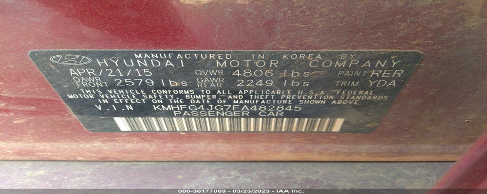 KMHFG4JG7FA482845 2015 HYUNDAI AZERA photo no. 9