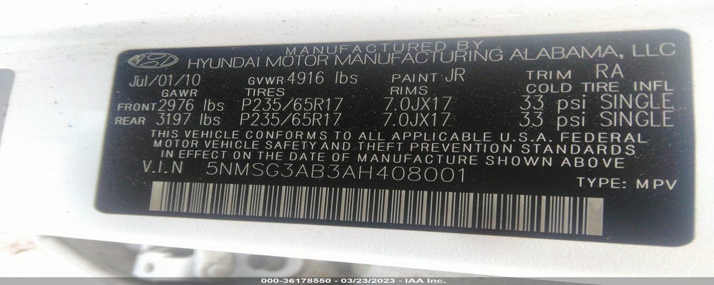 5NMSG3AB3AH408001 2010 HYUNDAI SANTA FE photo no. 9