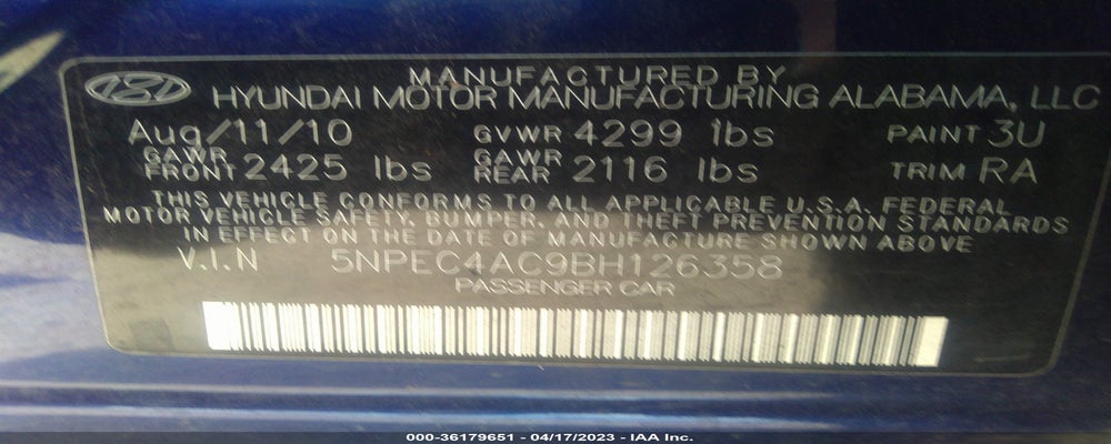 5NPEC4AC9BH126358 2011 HYUNDAI SONATA photo no. 9