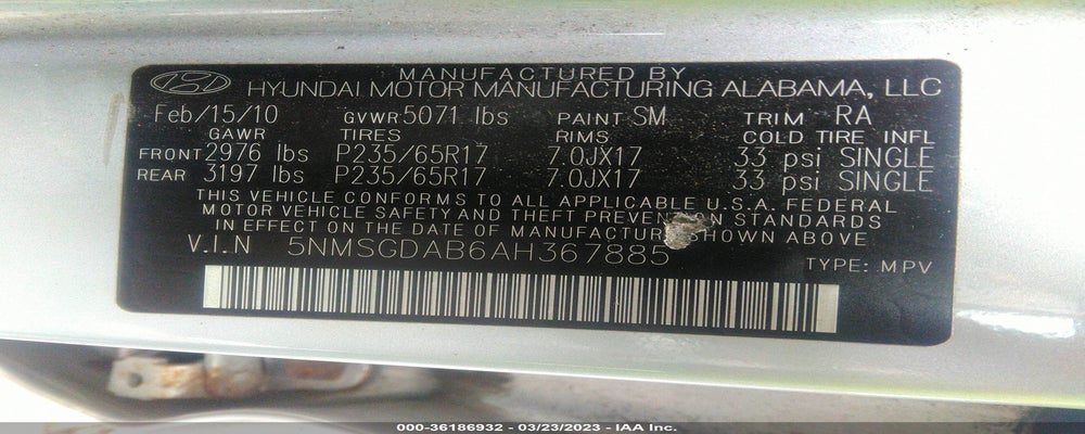 5NMSGDAB6AH367885 2010 HYUNDAI SANTA FE photo no. 9