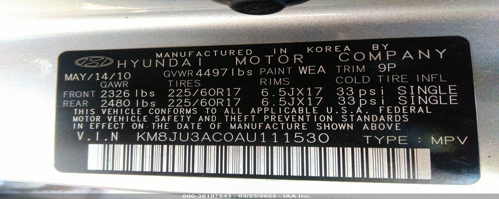 KM8JU3AC0AU111530 2010 HYUNDAI TUCSON photo no. 9