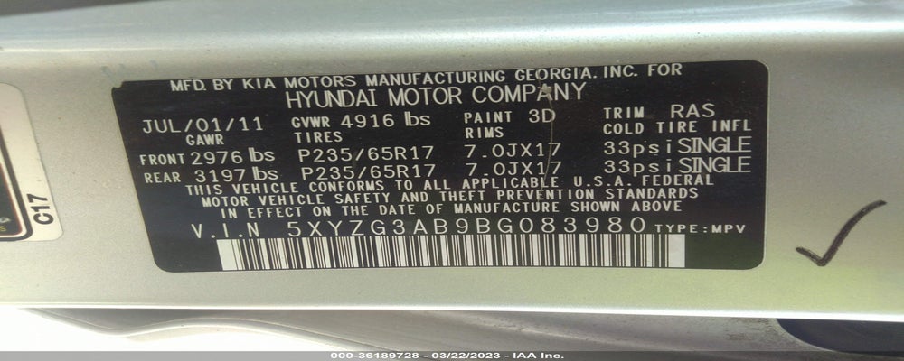 5XYZG3AB9BG083980 2011 HYUNDAI SANTA FE photo no. 9