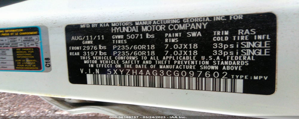 5XYZH4AG3CG097602 2012 HYUNDAI SANTA FE photo no. 9