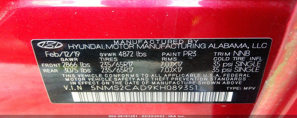 5NMS2CAD9KH089351 2019 HYUNDAI SANTA FE photo no. 9