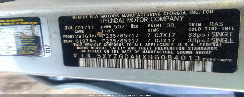 5XYZGDABXBG084013 2011 HYUNDAI SANTA FE photo no. 9