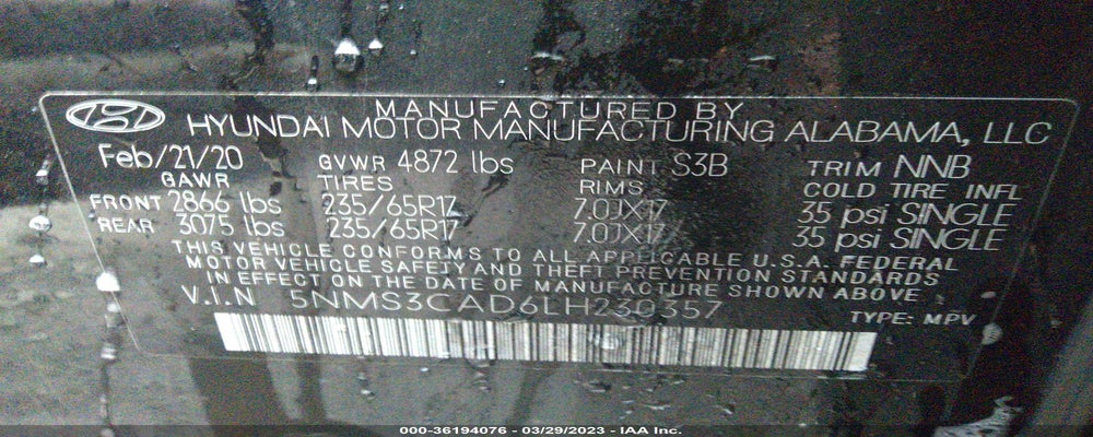 5NMS3CAD6LH230357 2020 HYUNDAI SANTA FE photo no. 9