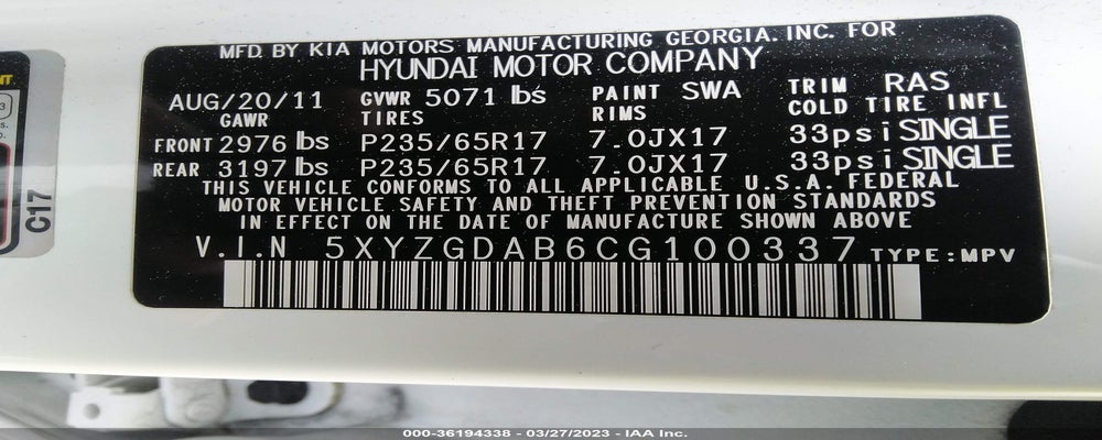5XYZGDAB6CG100337 2012 HYUNDAI SANTA FE photo no. 9