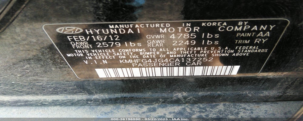 KMHFG4JG4CA137252 2012 HYUNDAI AZERA photo no. 9