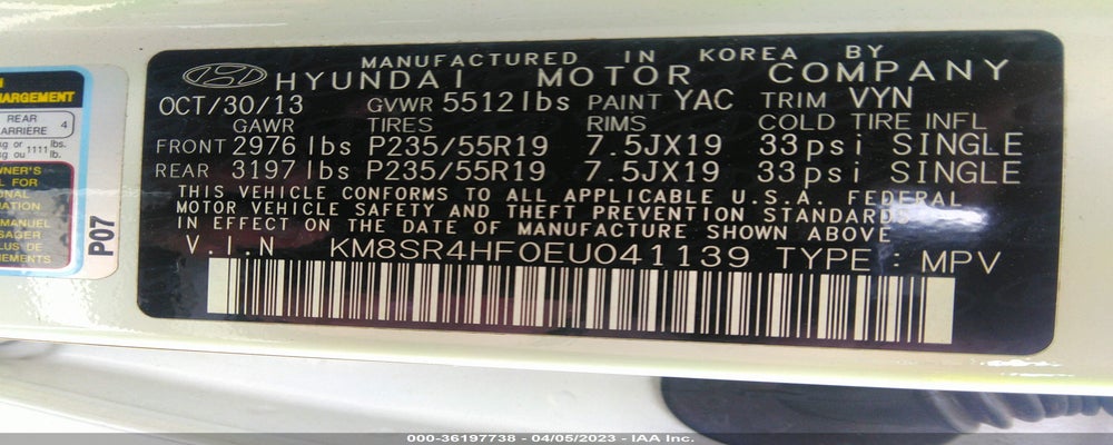 KM8SR4HF0EU041139 2014 HYUNDAI SANTA FE photo no. 9