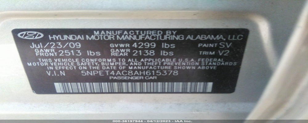 5NPET4AC8AH615378 2010 HYUNDAI SONATA photo no. 9