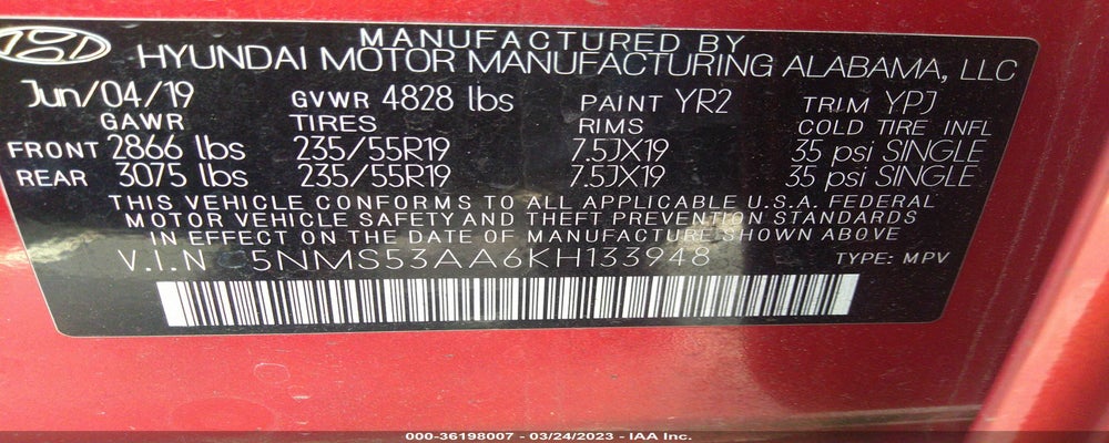 5NMS53AA6KH133948 2019 HYUNDAI SANTA FE photo no. 9