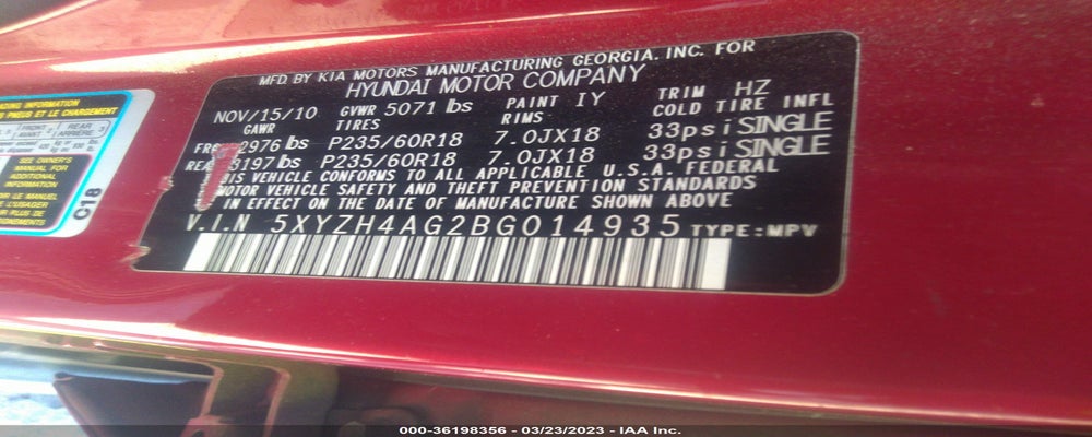 5XYZH4AG2BG014935 2011 HYUNDAI SANTA FE photo no. 9