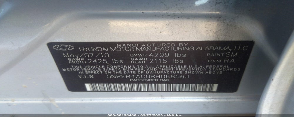 5NPEB4AC0BH068563 2011 HYUNDAI SONATA photo no. 9