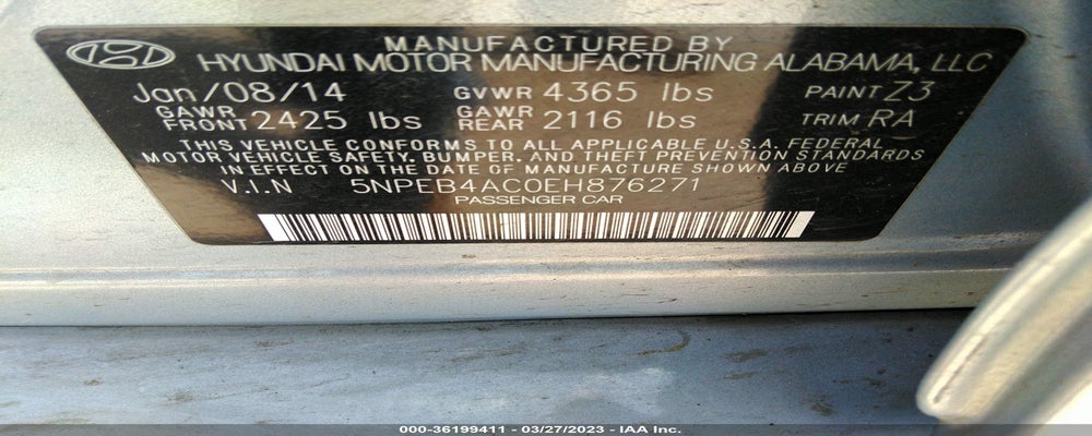 5NPEB4AC0EH876271 2014 HYUNDAI SONATA photo no. 9