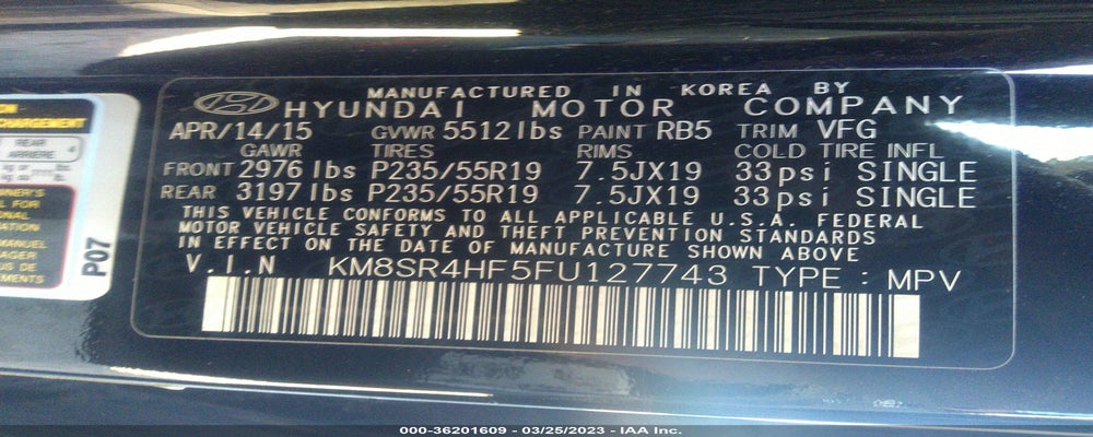 KM8SR4HF5FU127743 2015 HYUNDAI SANTA FE photo no. 9