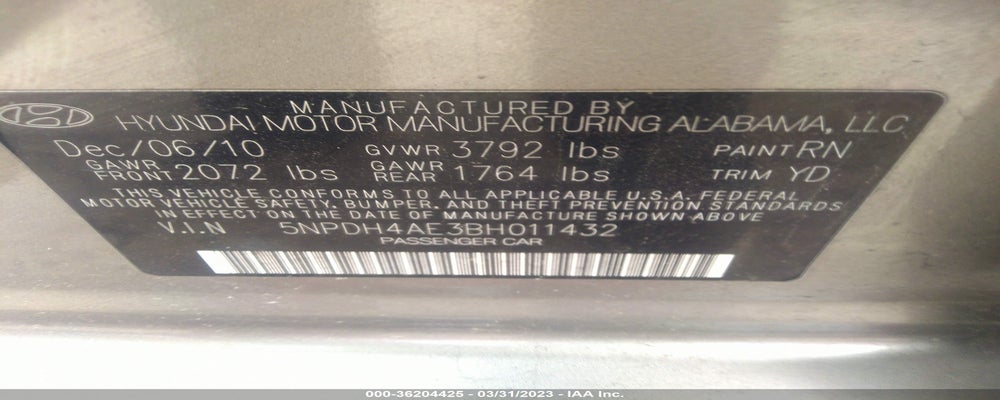 5NPDH4AE3BH011432 2011 HYUNDAI ELANTRA photo no. 9