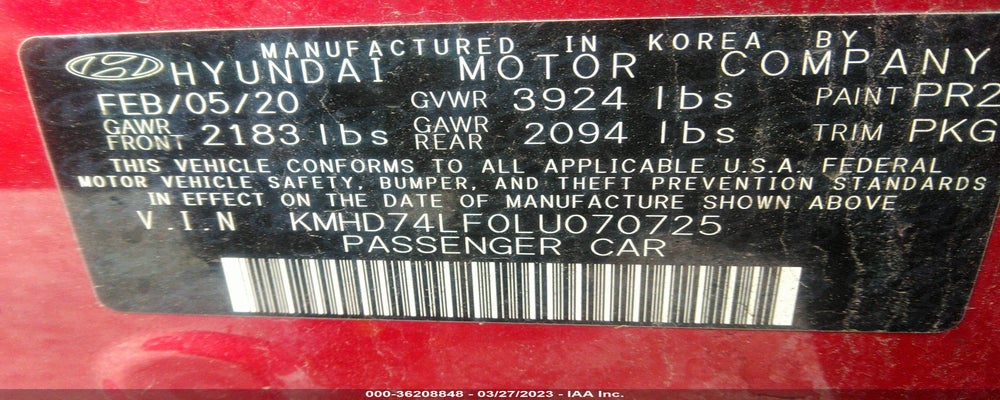 KMHD74LF0LU070725 2020 HYUNDAI ELANTRA photo no. 9