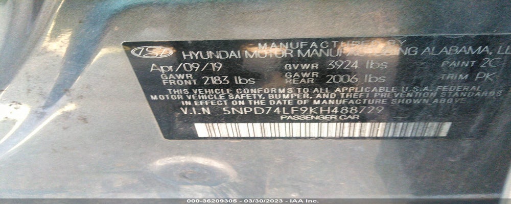 5NPD74LF9KH488729 2019 HYUNDAI ELANTRA photo no. 9