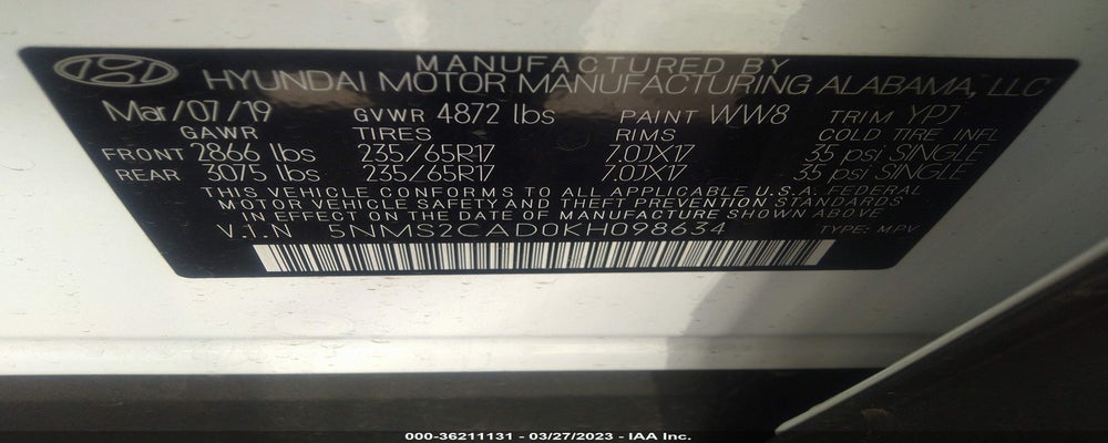 5NMS2CAD0KH098634 2019 HYUNDAI SANTA FE photo no. 9