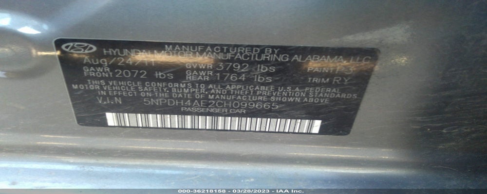 5NPDH4AE2CH099665 2012 HYUNDAI ELANTRA photo no. 9