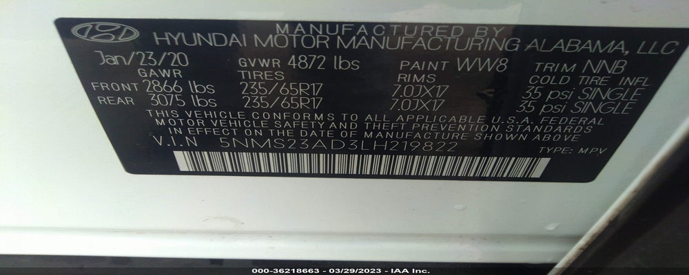 5NMS23AD3LH219822 2020 HYUNDAI SANTA FE photo no. 9