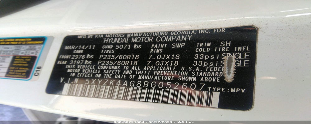 5XYZK4AG8BG052607 2011 HYUNDAI SANTA FE photo no. 9
