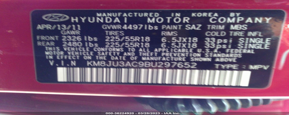 KM8JU3AC9BU297652 2011 HYUNDAI TUCSON photo no. 9