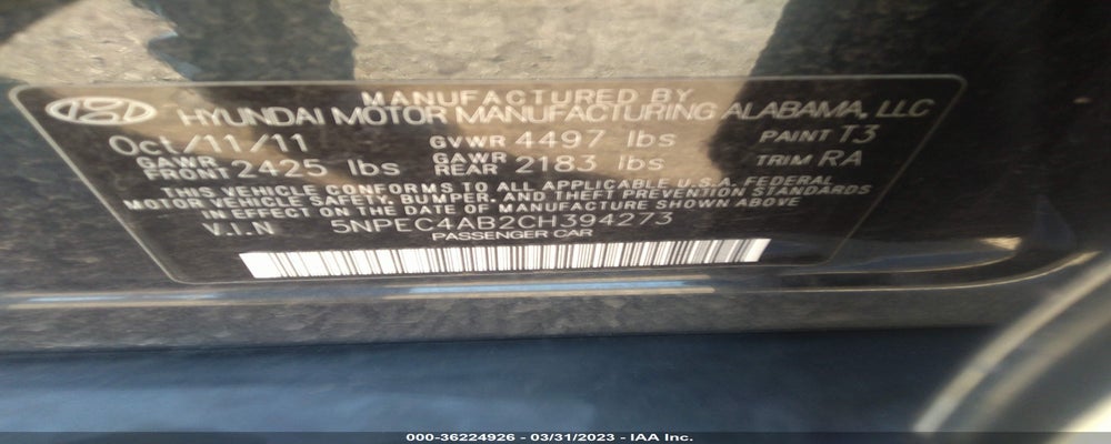 5NPEC4AB2CH394273 2012 HYUNDAI SONATA photo no. 9