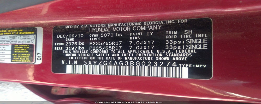 5XYZG4AG3BG023274 2011 HYUNDAI SANTA FE photo no. 9