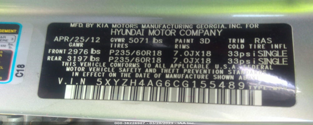5XYZH4AG6CG155489 2012 HYUNDAI SANTA FE photo no. 9