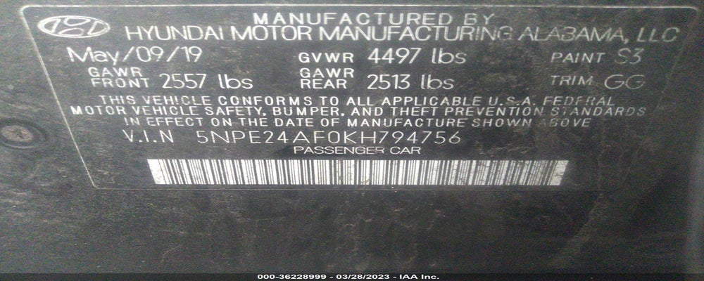 5NPE24AF0KH794756 2019 HYUNDAI SONATA photo no. 9