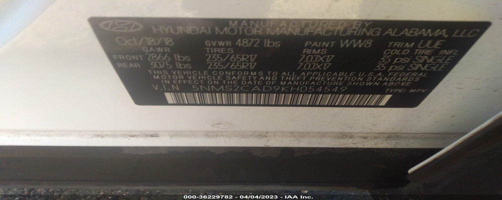 5NMS2CAD9KH054549 2019 HYUNDAI SANTA FE photo no. 9