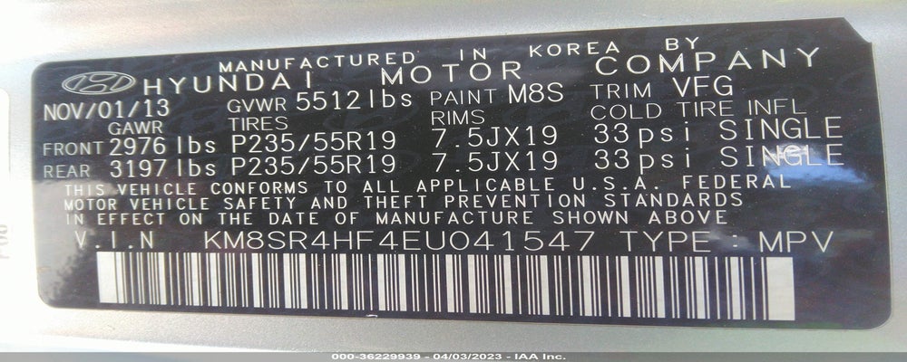 KM8SR4HF4EU041547 2014 HYUNDAI SANTA FE photo no. 9