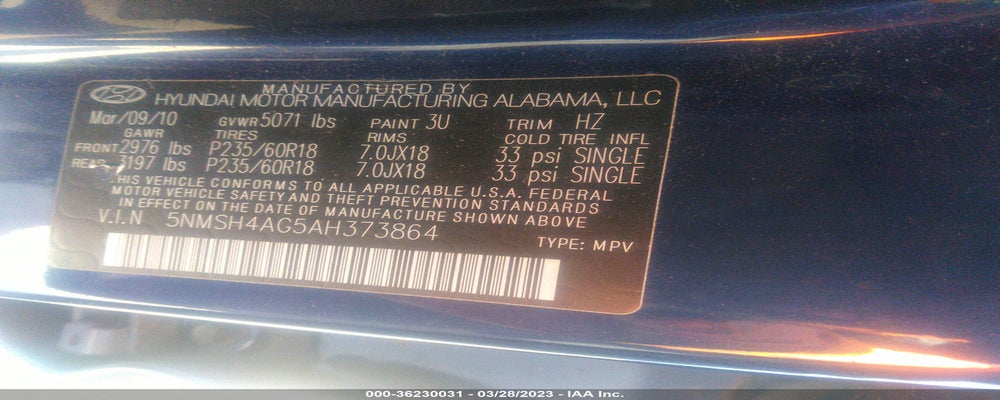 5NMSH4AG5AH373864 2010 HYUNDAI SANTA FE photo no. 9