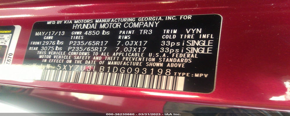 5XYZU3LB1DG093198 2013 HYUNDAI SANTA FE photo no. 9