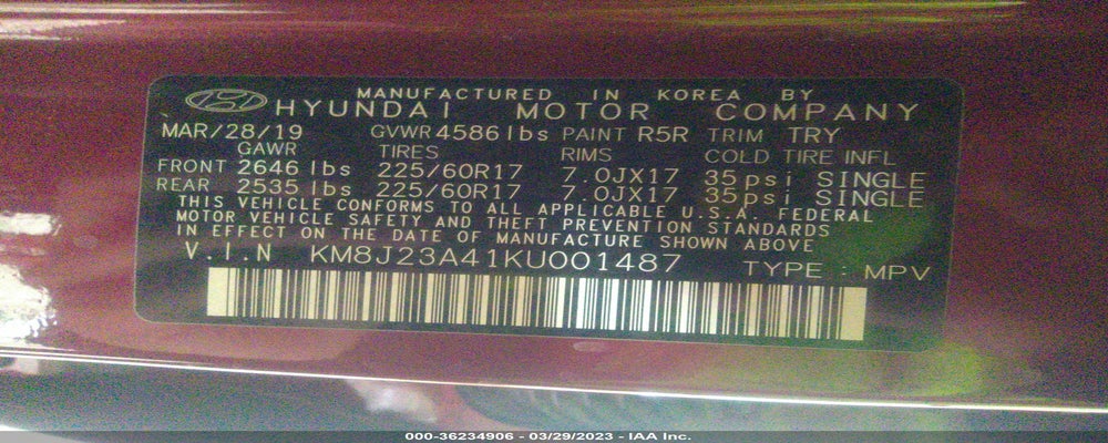 KM8J23A41KU001487 2019 HYUNDAI TUCSON photo no. 9